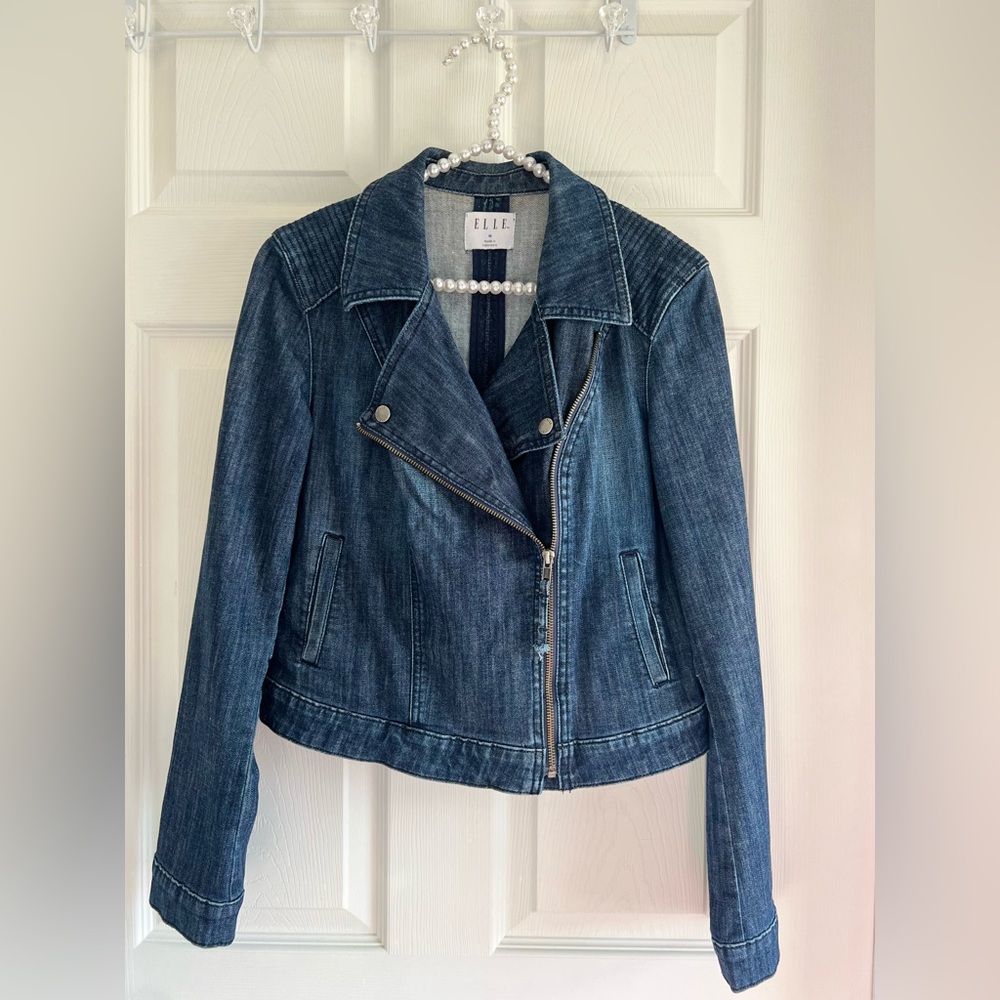 ELLE Blue Denim Moto-Style Jacket - Size M
